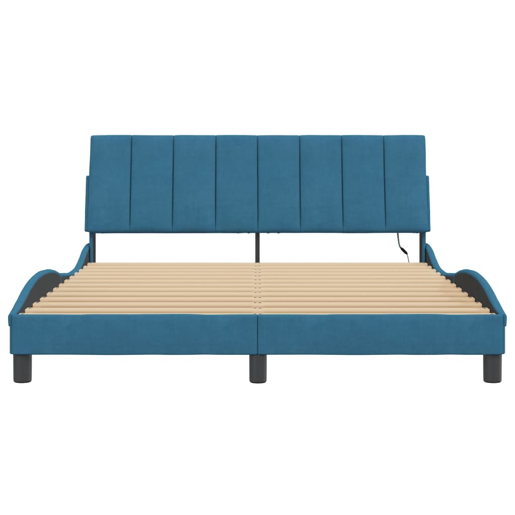 Bed Frame with LED without Mattress "Hanko" Blue 160x200 cm Velvet