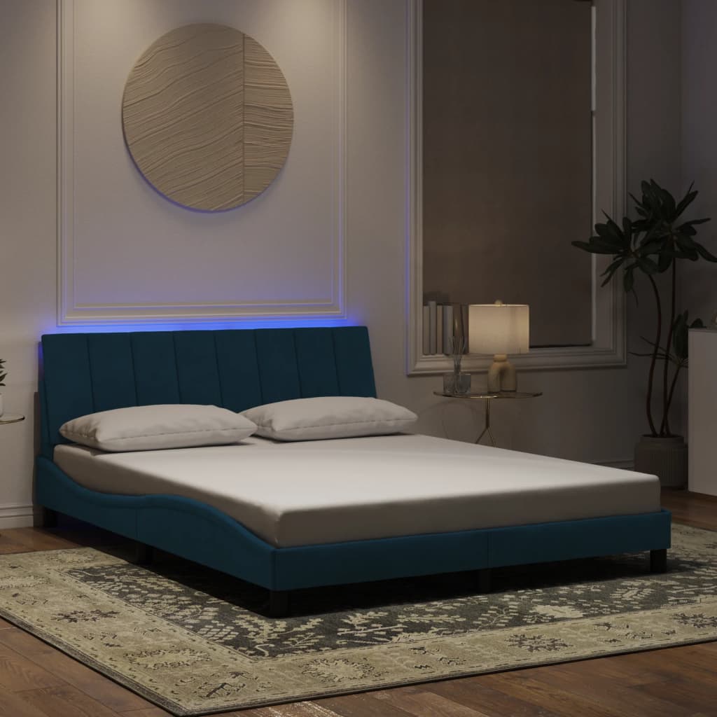 Bed Frame with LED without Mattress "Hanko" Blue 160x200 cm Velvet