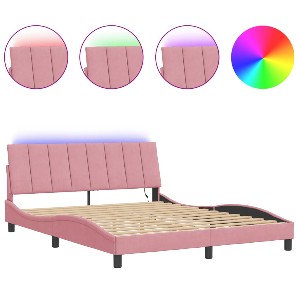 Bed Frame with LED without Mattress "Hanko" Pink 160x200 cm Velvet