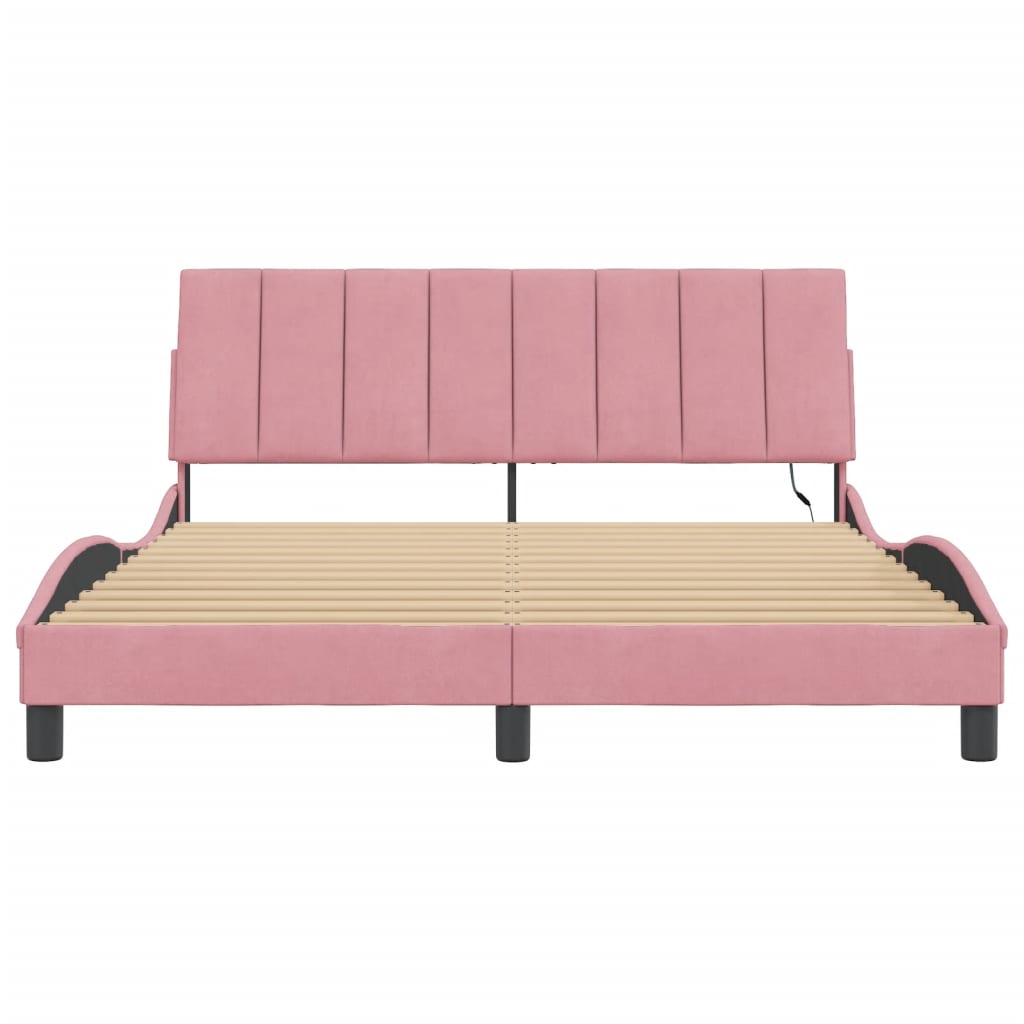 Bed Frame with LED without Mattress "Hanko" Pink 160x200 cm Velvet