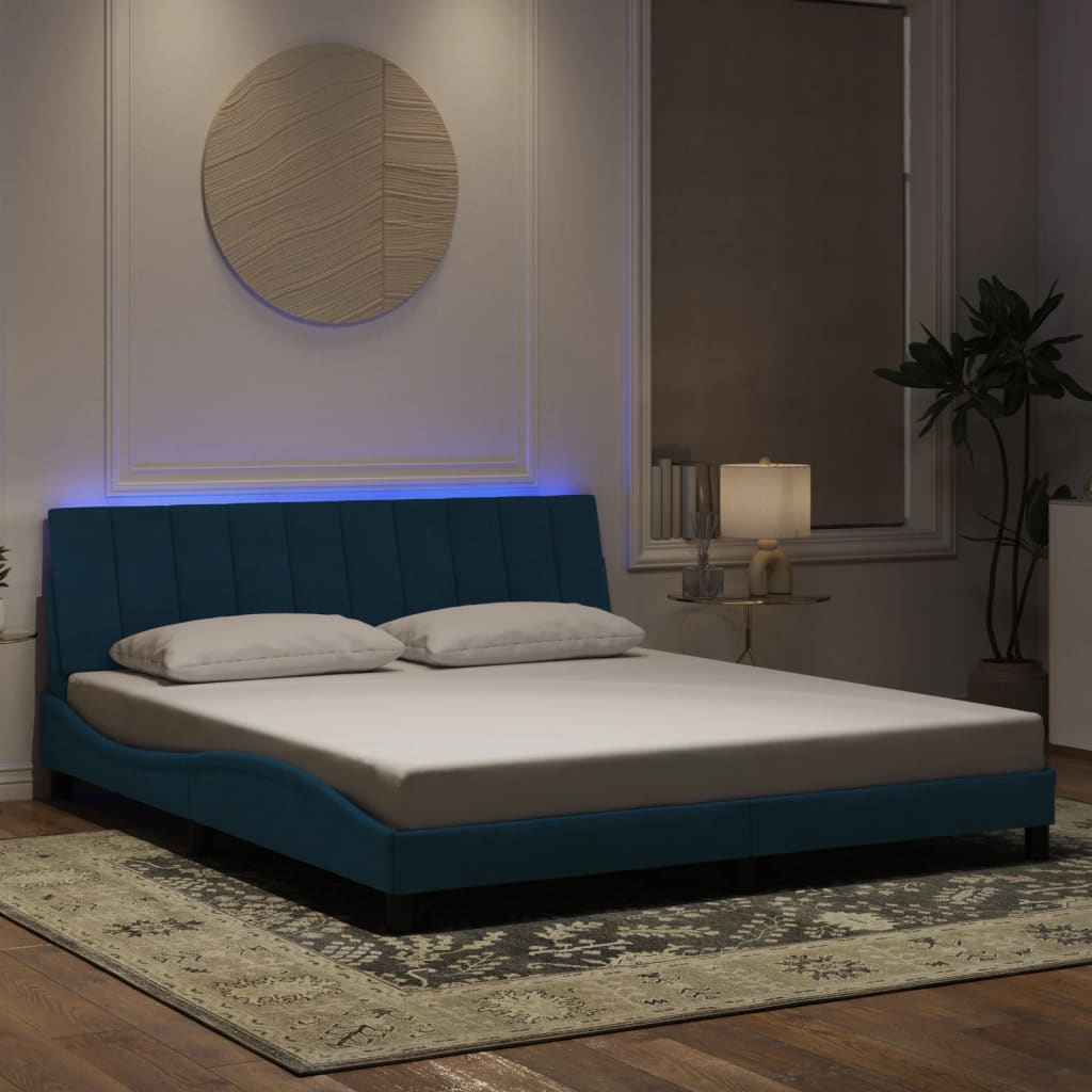 Bed Frame with LED without Mattress "Hanko" Blue 180x200 cm Velvet