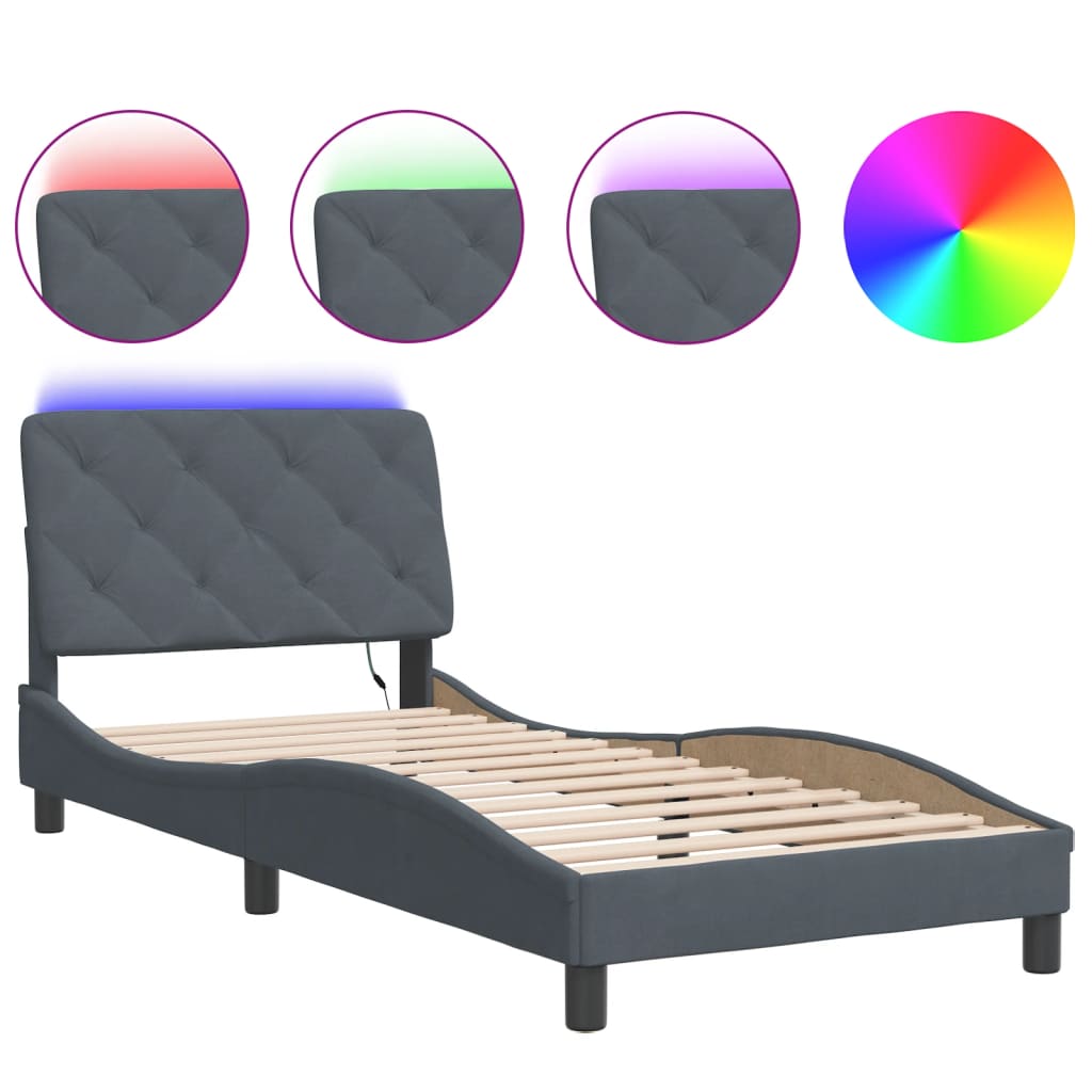 Bed Frame with LED without Mattress Dark Grey 90x190 cm Velvet
