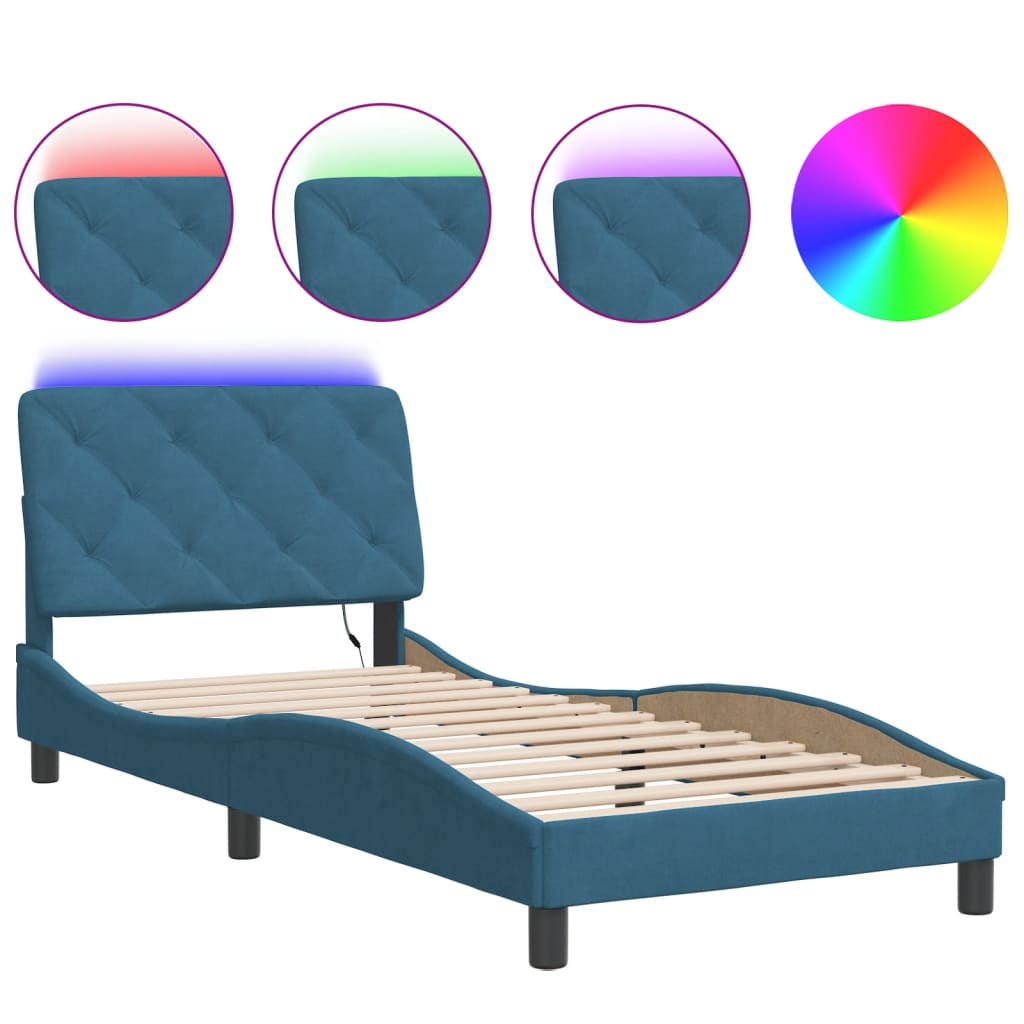 Bed Frame with LED without Mattress Blue 90x190 cm Velvet