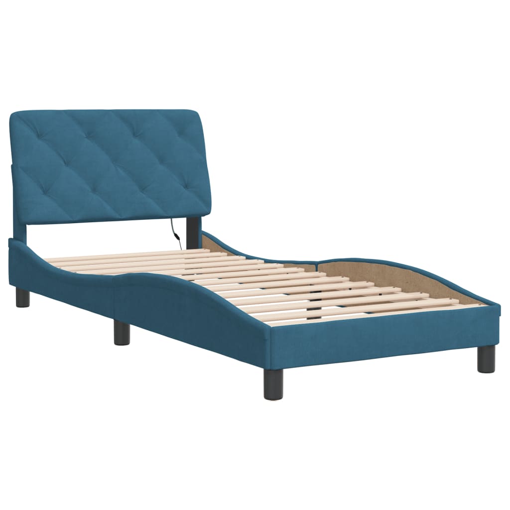 Bed Frame with LED without Mattress Blue 90x190 cm Velvet