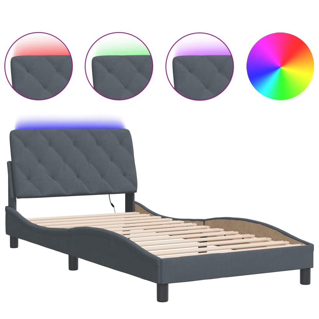 Bed Frame with LED without Mattress Dark Grey 100x200 cm Velvet