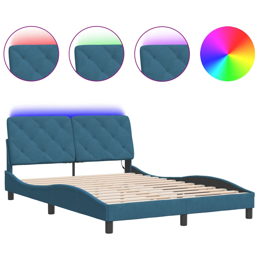 Bed Frame with LED without Mattress Blue 140x200 cm Velvet