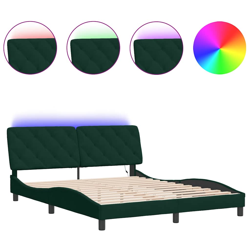 Bed Frame with LED without Mattress Dark Green 160x200 cm Velvet