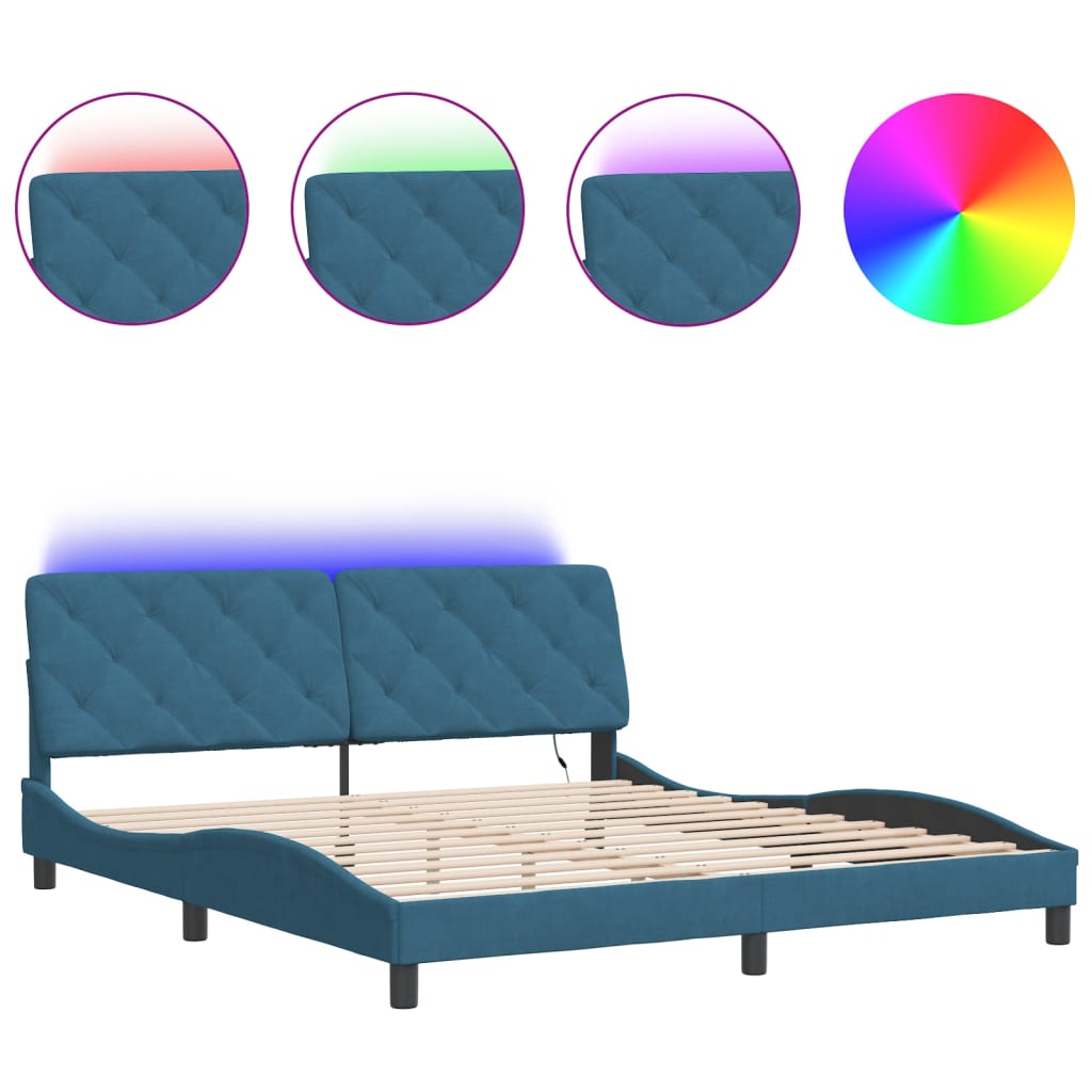 Bed Frame with LED without Mattress Blue 180x200 cm Velvet