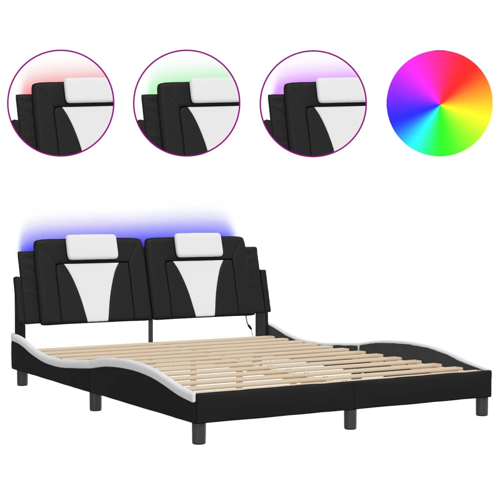 Bed Frame "Viana" with LED without Mattress Black and White 160x200 cm