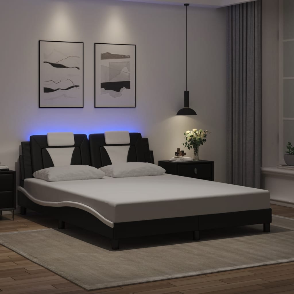 Bed Frame "Viana" with LED without Mattress Black and White 160x200 cm