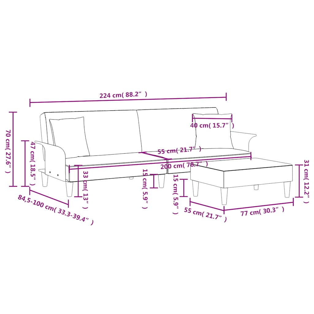 Bäddsoffa 2-sits med kuddar och fotpall ljusgrå sammet