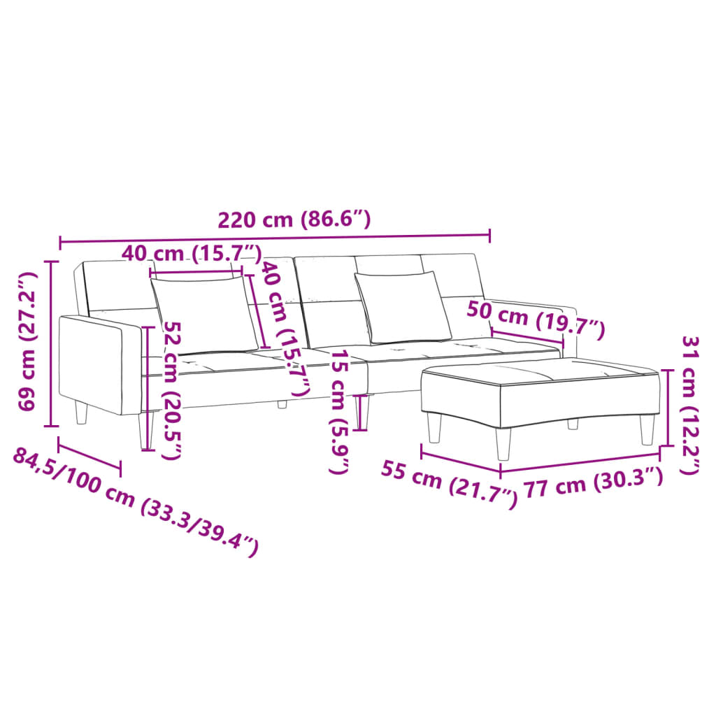Bäddsoffa 2-sits med fotpall blå sammet