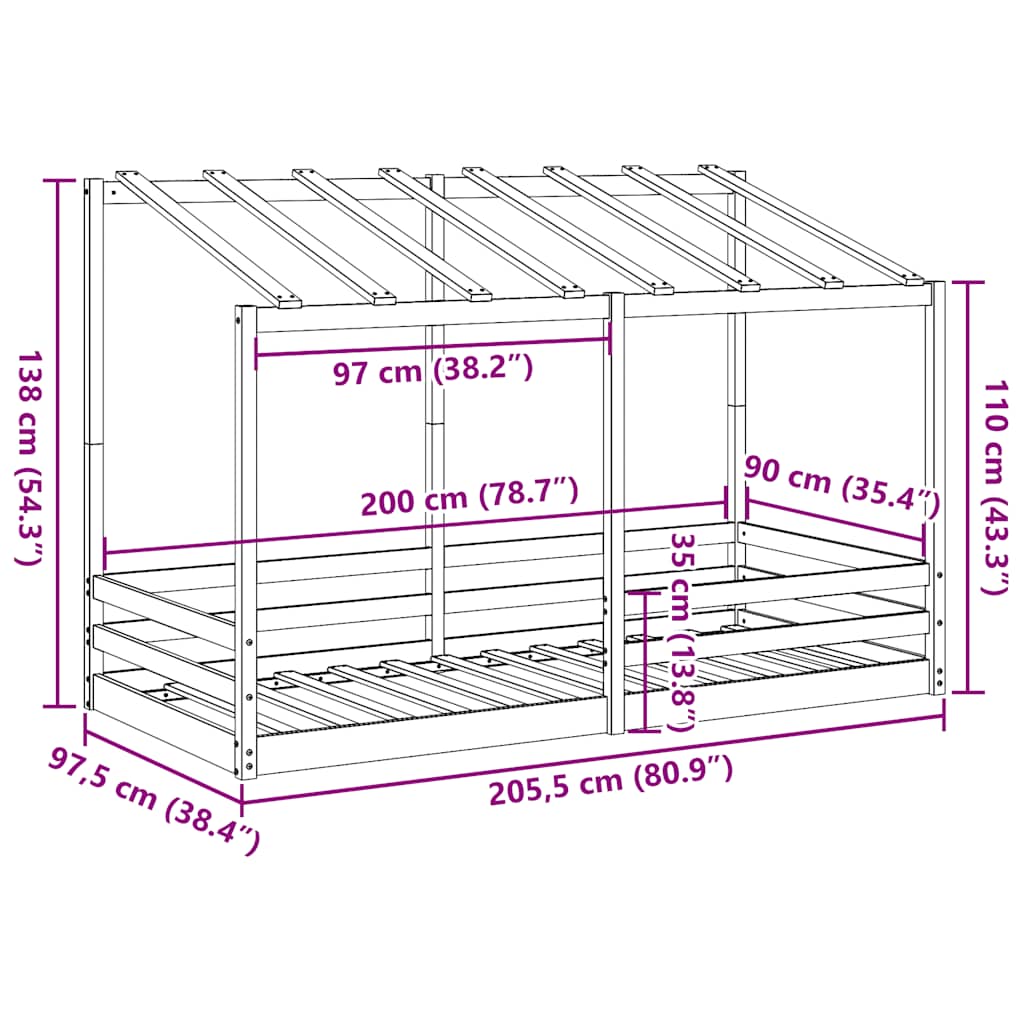 Barnsäng med tak 90x200 cm massiv furu