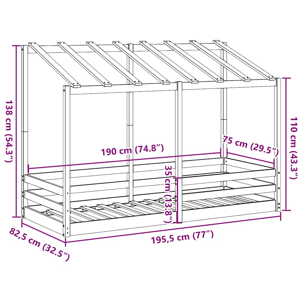 Barnsäng med tak 75x190 cm massiv furu