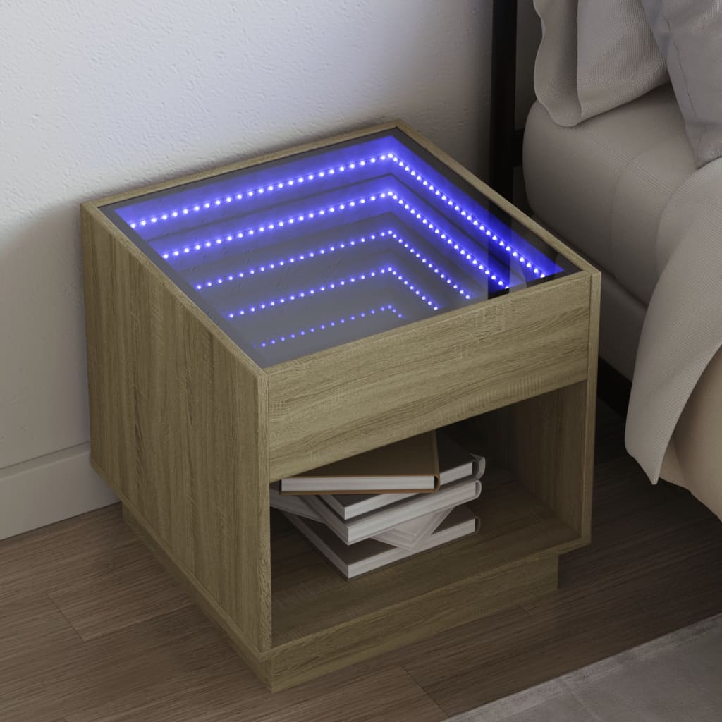 Orvandre - Sängbord med Infinity LEDs sonoma-ek 50x50x50 cm