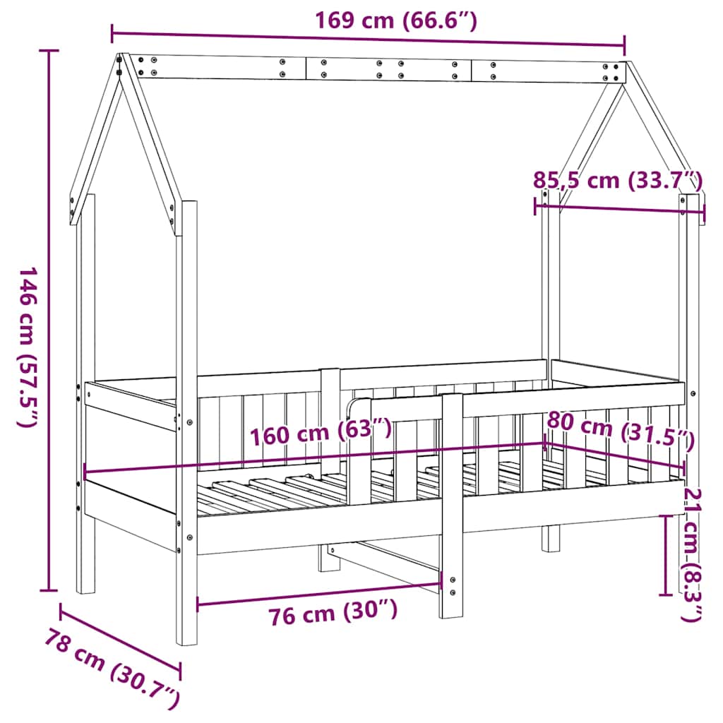 Barnsäng med husram 80x160 cm massiv furu