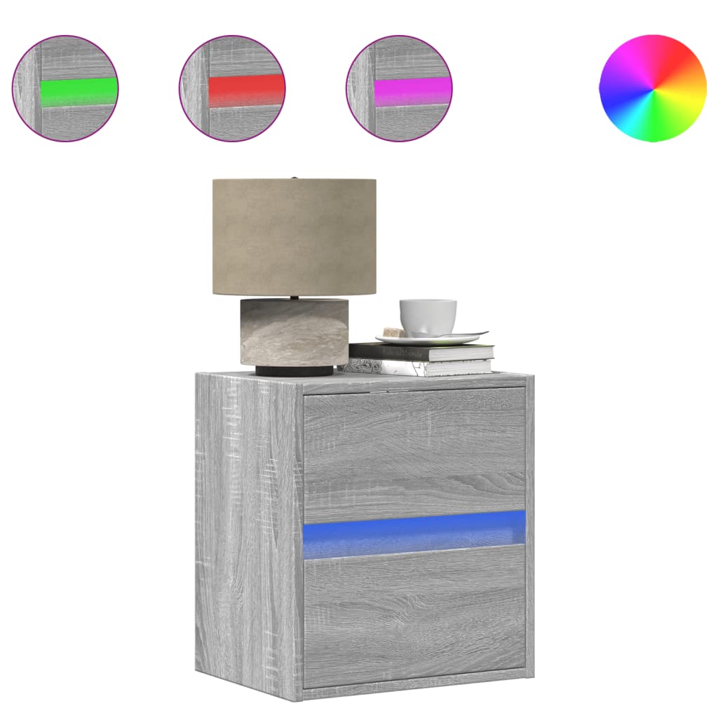 Voresta - Väggmonterat sängbord med LED-lampor grå sonoma