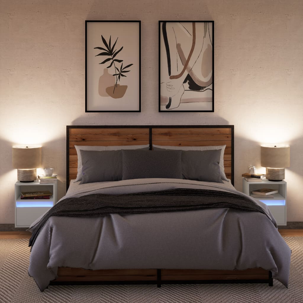 Cavlora - Väggmonterade sängbord med LED-lampor 2 st vit