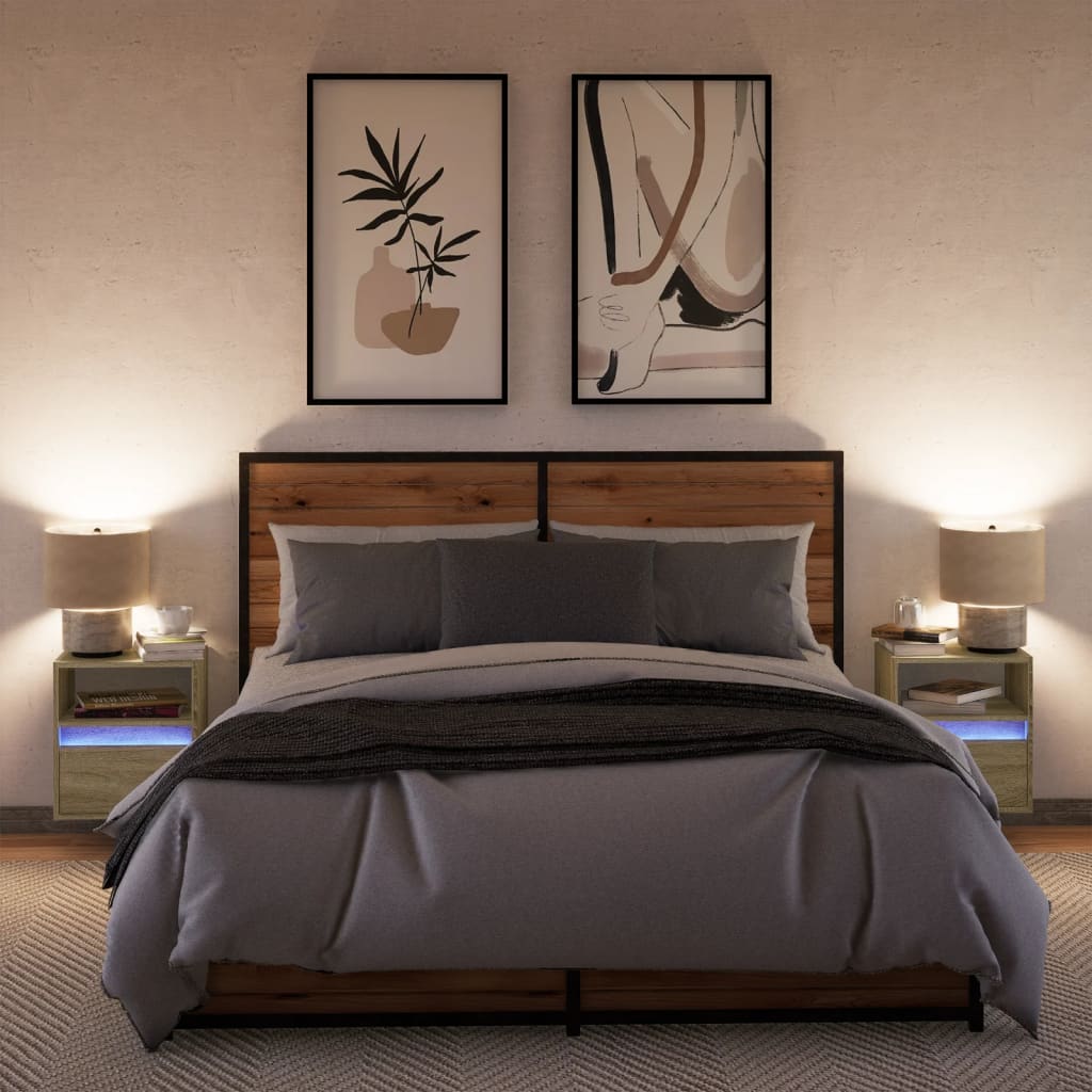 Lusero - Väggmonterade sängbord med LED-lampor 2 st sonoma-ek