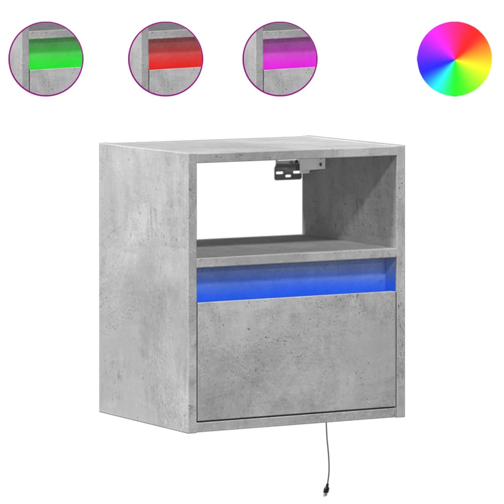Junlira - Väggmonterat sängbord med LED-lampor betonggrå