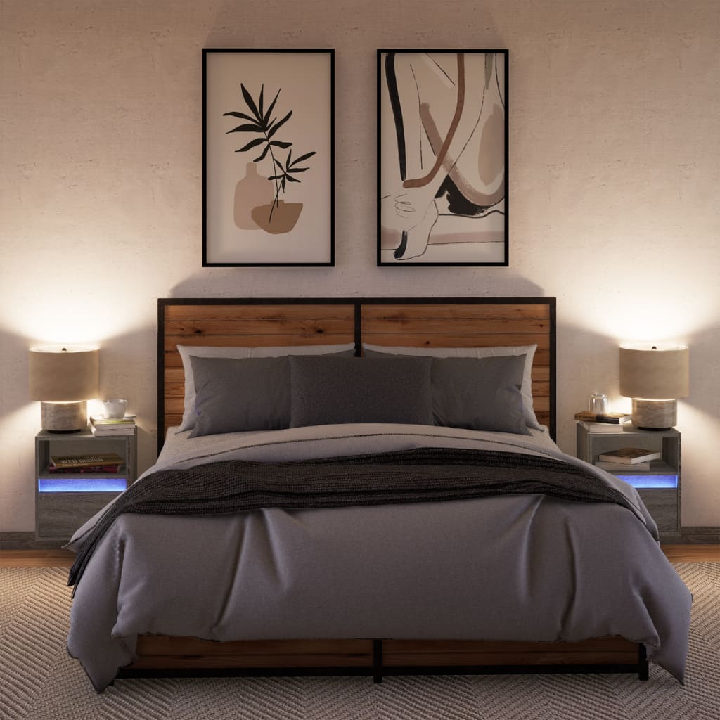 Pavlino - Väggmonterade sängbord med LED-lampor 2 st grå sonoma