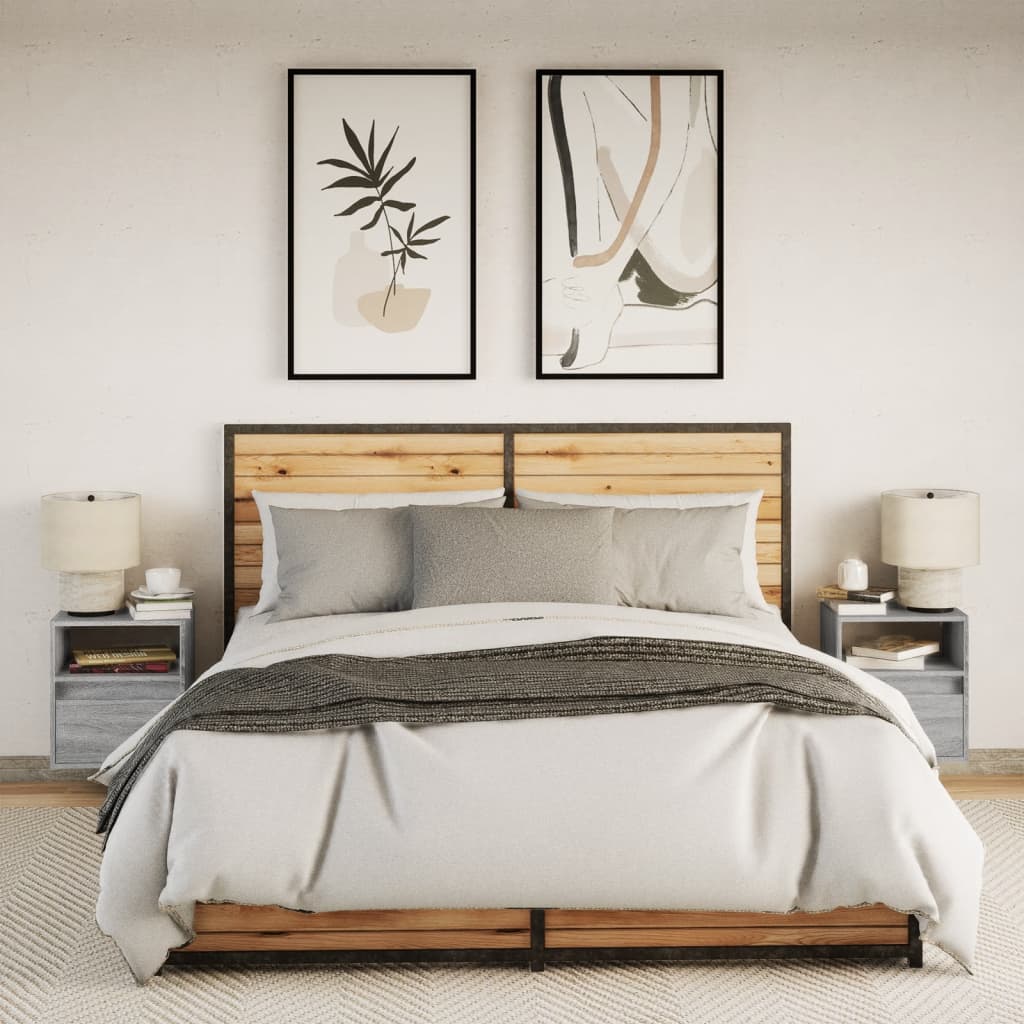 Pavlino - Väggmonterade sängbord med LED-lampor 2 st grå sonoma