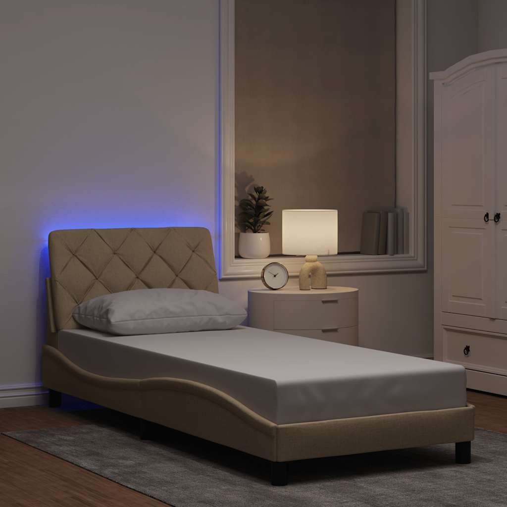 Bed Frame with LED without Mattress Cream 90x200 cm Fabric