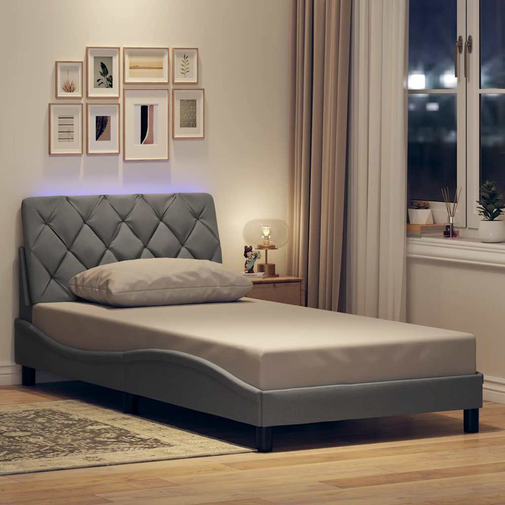 Bed Frame with LED without Mattress Light Grey 100x200 cm Fabric