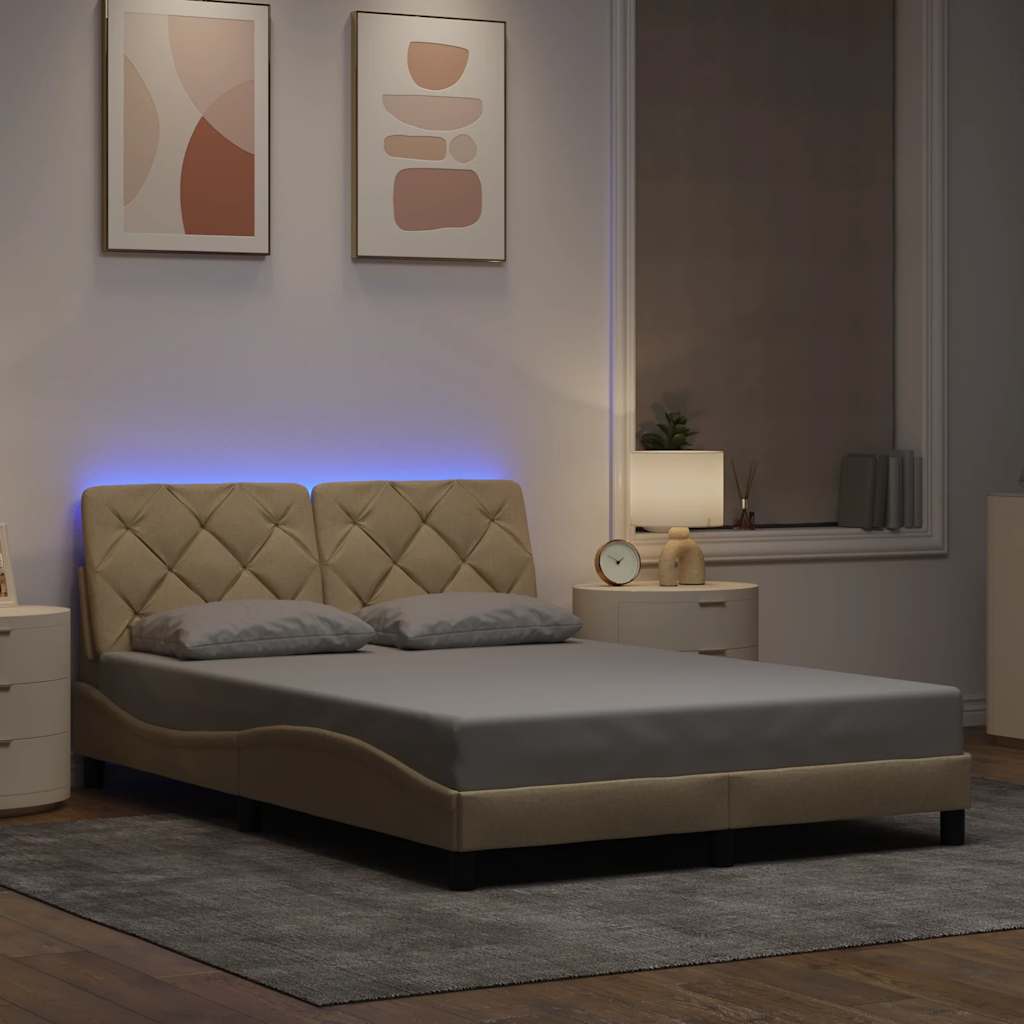 Bed Frame with LED without Mattress Cream 120x200 cm Fabric