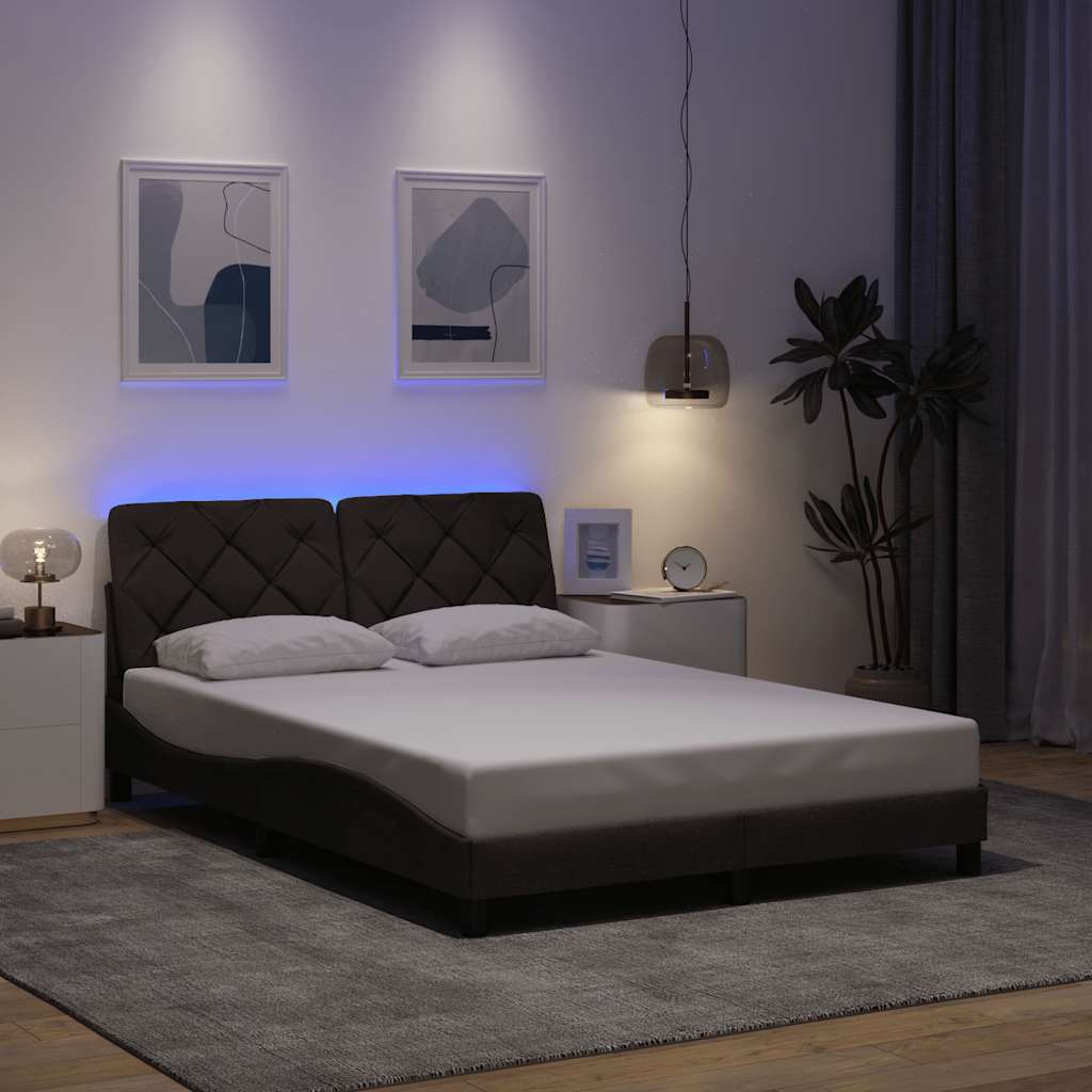 Bed Frame with LED without Mattress Dark Brown 140x190 cm Fabric