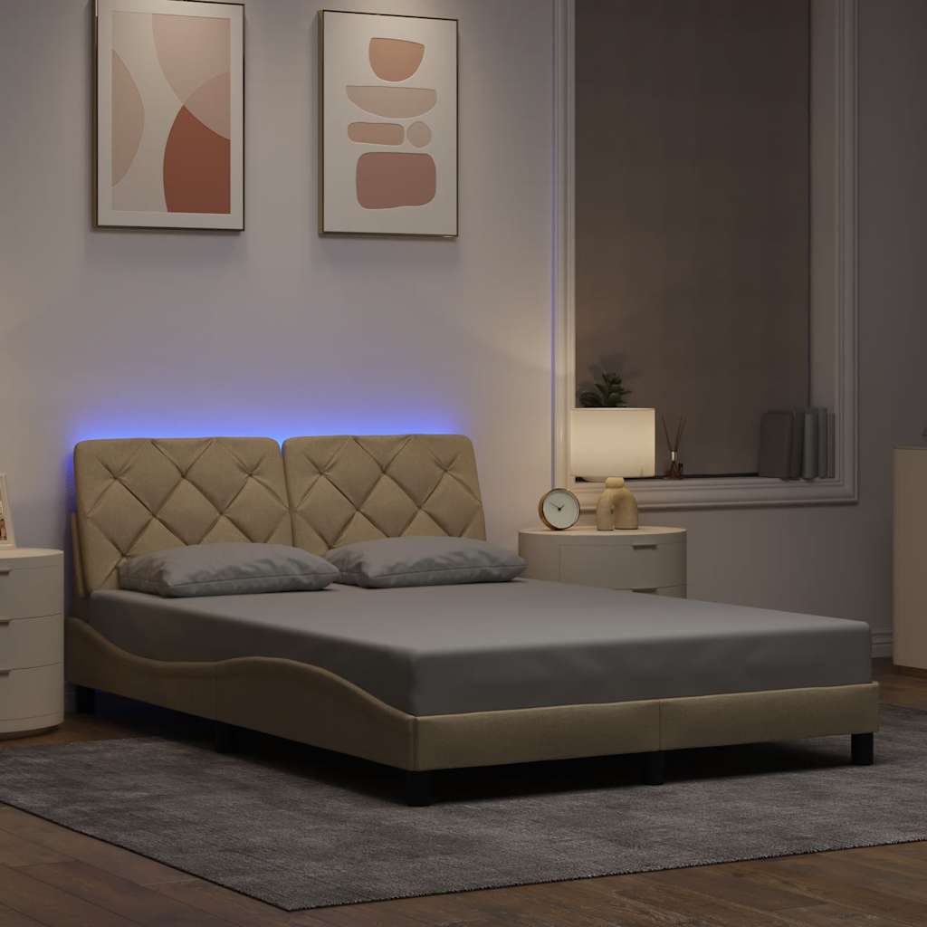 Bed Frame with LED without Mattress Cream 140x190 cm Fabric