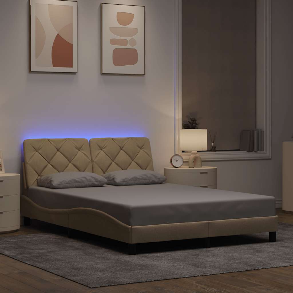 Bed Frame with LED without Mattress Cream 140x200 cm Fabric