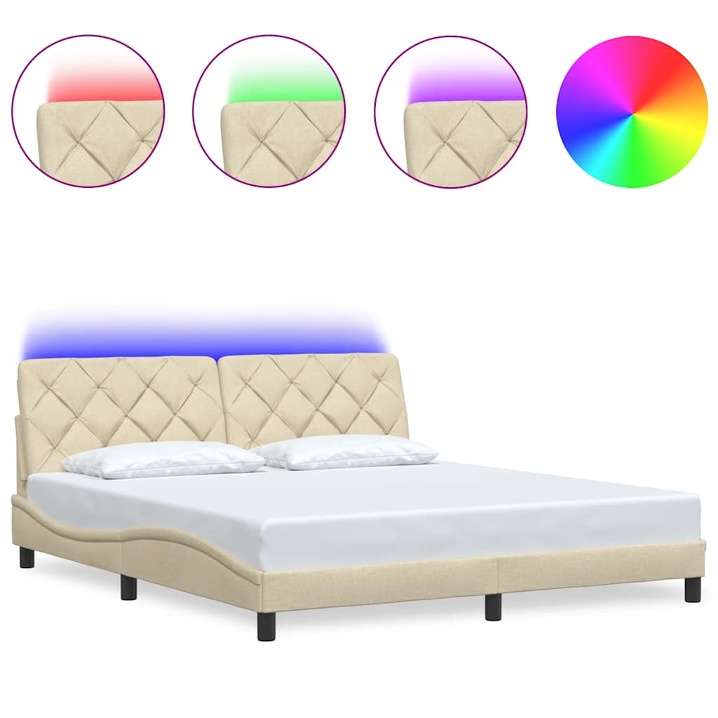 Bed Frame with LED without Mattress Cream 180x200 cm Fabric