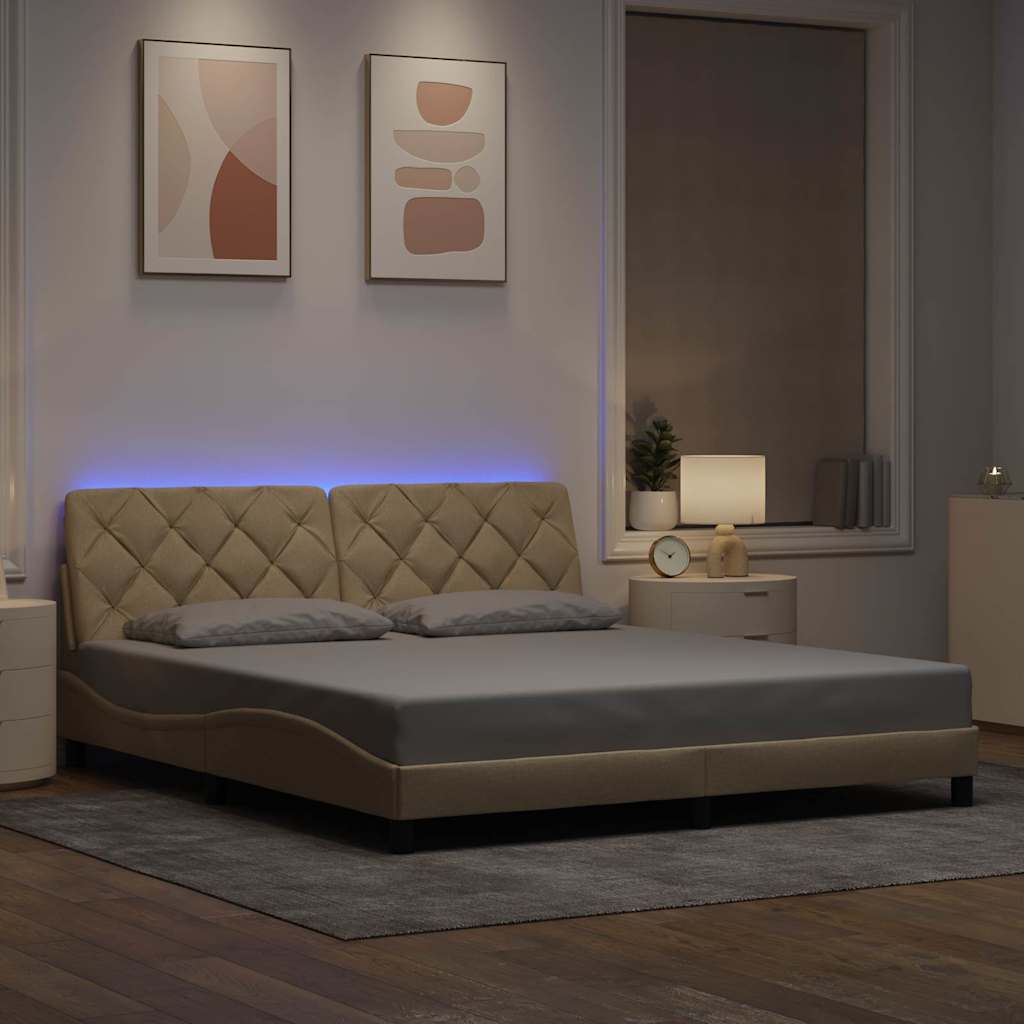 Bed Frame with LED without Mattress Cream 180x200 cm Fabric
