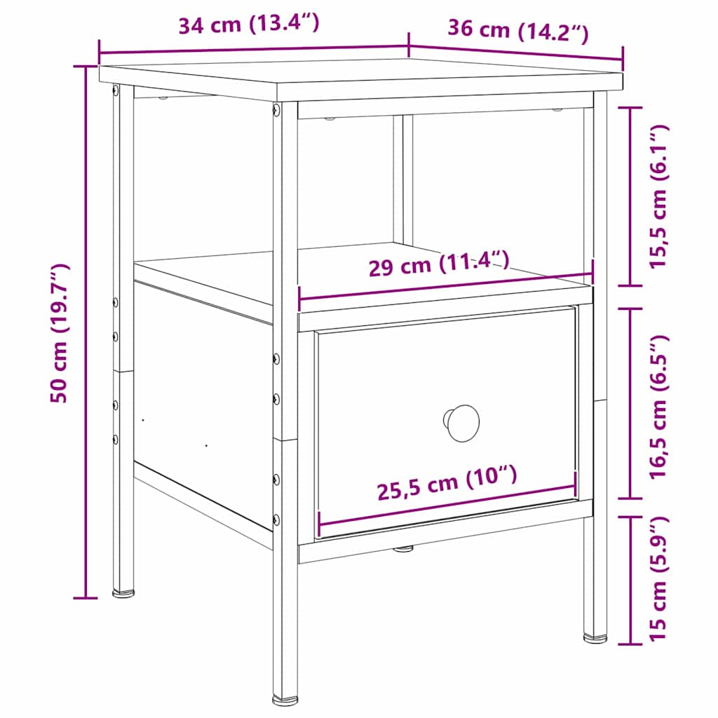 Havlinoir - Sängbord Svart ek 34 x 36 x 50 cm Konstruktionsträ och metall