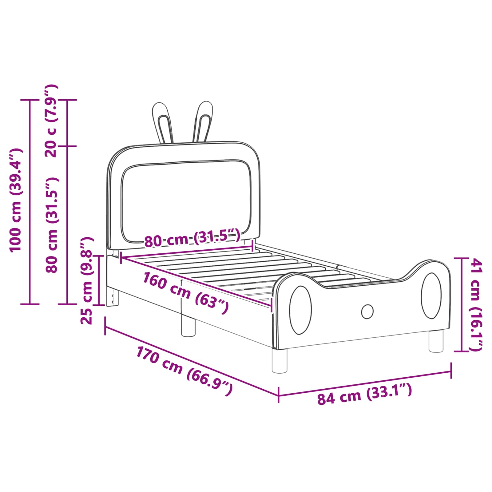 Barnsängram med sänggavel med huvudgavel Rosa 80 x 160 cm PU