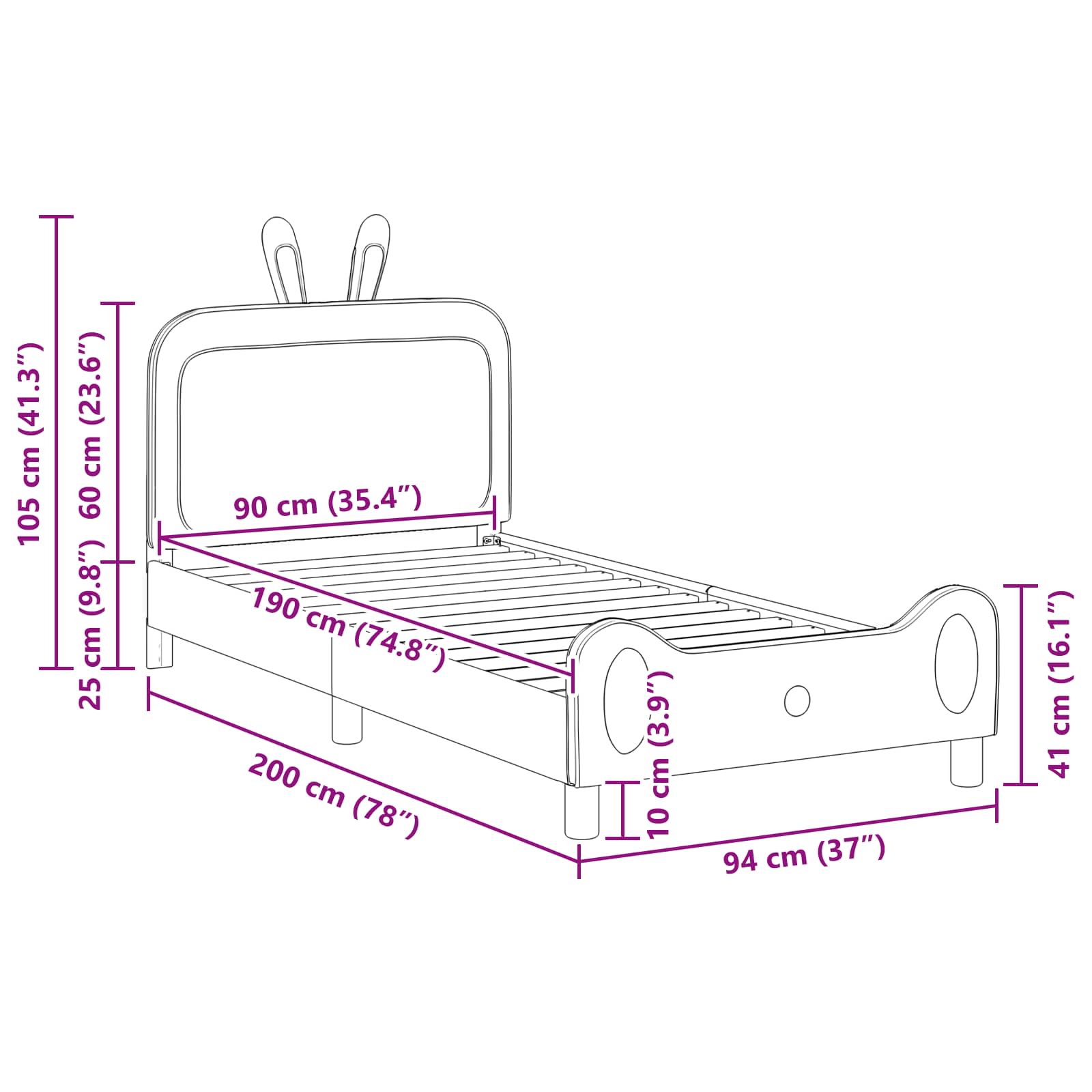Barnsängram med sänggavel med huvudgavel Blå 90 x 190 cm PU